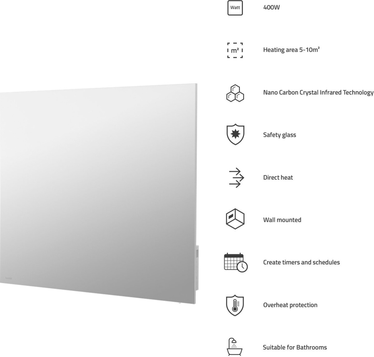 Hombli - Radiator - Smart Ir Glass Heatpanel 400W - Spejl
