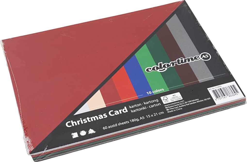 Julekarton - A5 - Forskellig Farvet Karton - 60 Ark