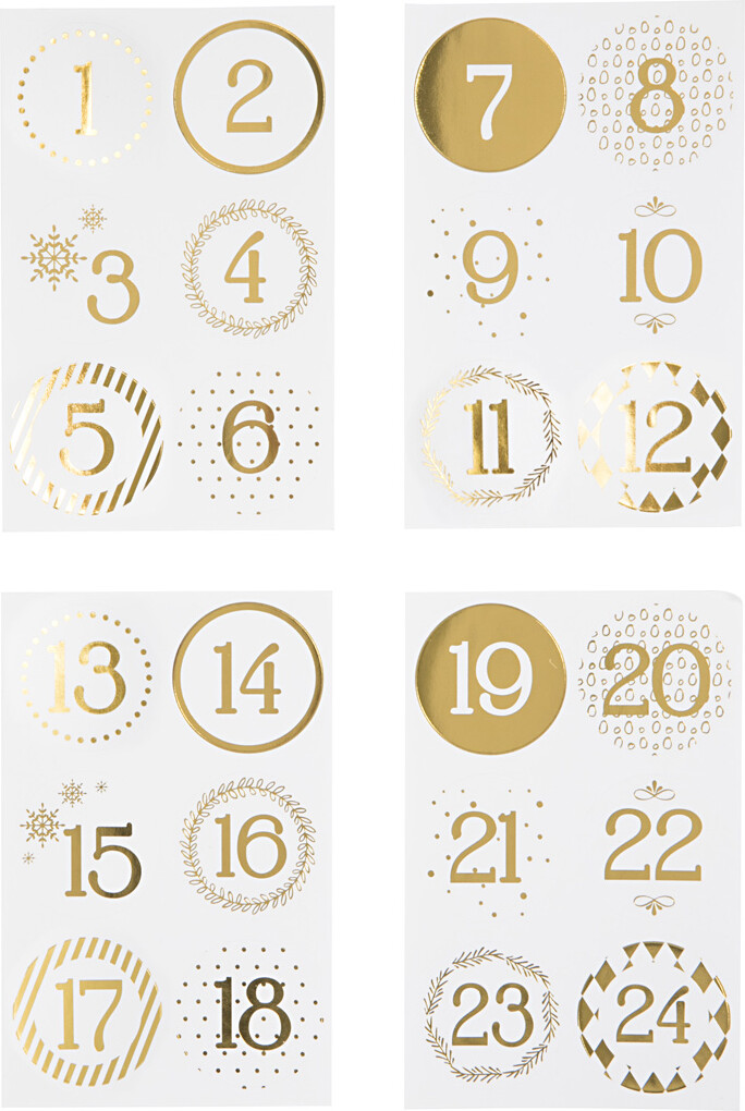 Juleklistermærker - 24 Kalendertal - Guld Og Hvid - 4 Ark