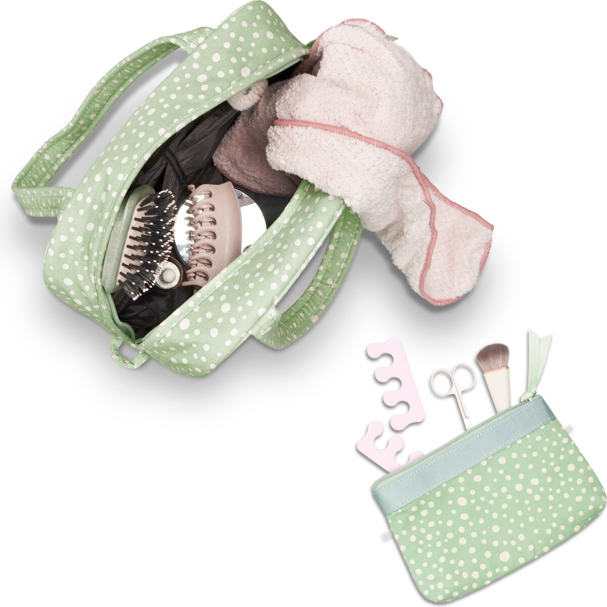 Karen - Toilettaske Sæt Med Makeup Pung - Grøn Og Hvid