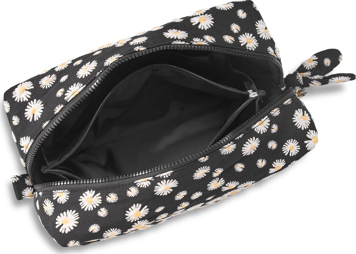 Karen - Stor Toilettaske Med Broderede Margueritter - Sort - Large