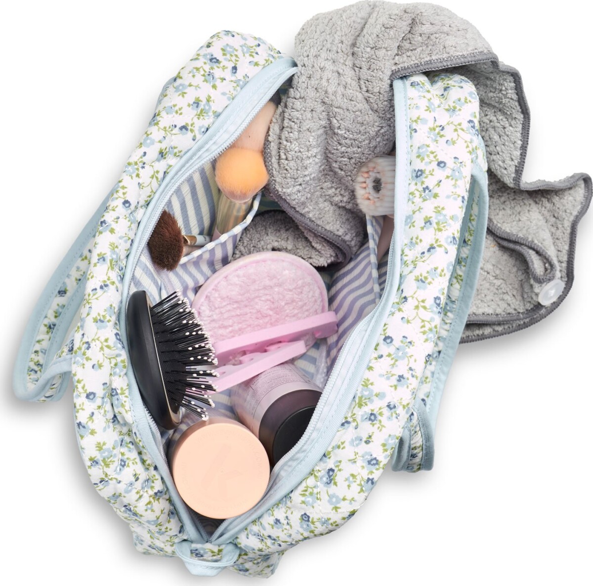 Karen - Stor Toilettaske Med Hank - Blå Småblomstret Quilt - Large