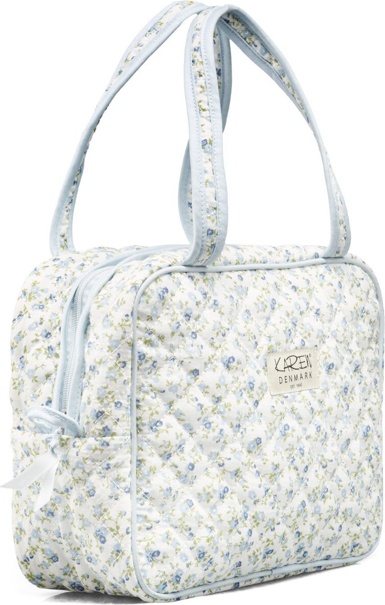 Karen - Stor Toilettaske Med Hank - Blå Småblomstret Quilt - Large