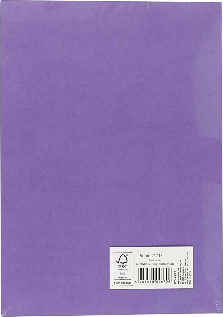 Karton - Farvet - A4 - 210X297 Mm - 180 G - Lilla - 100 Ark