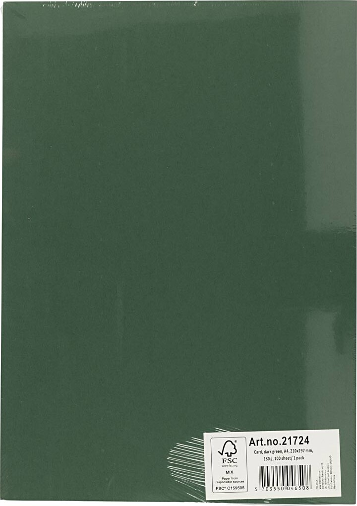 Karton - A4 - 210X297 Mm - 180 G - Mørk Grøn - 100 Stk