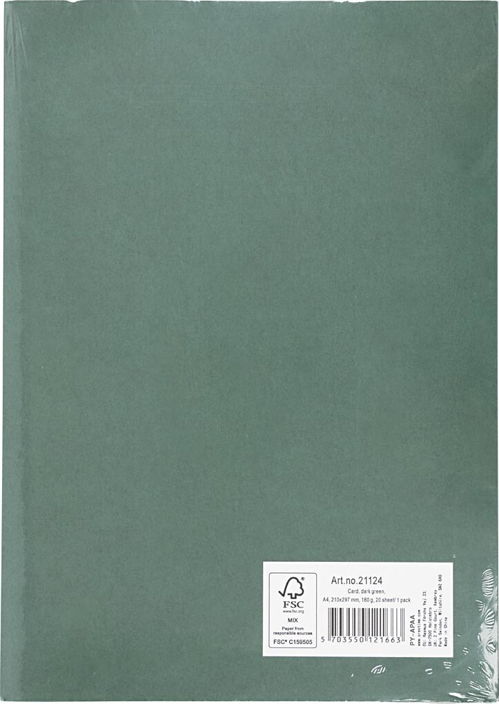 Karton - Farvet - A4 - 210X297 Mm - 180 G - Mørk Grøn - 20 Ark