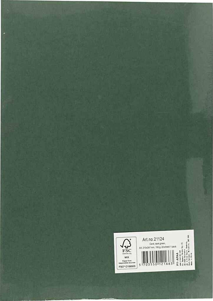 Karton - Farvet - A4 - 210X297 Mm - 180 G - Mørk Grøn - 20 Ark