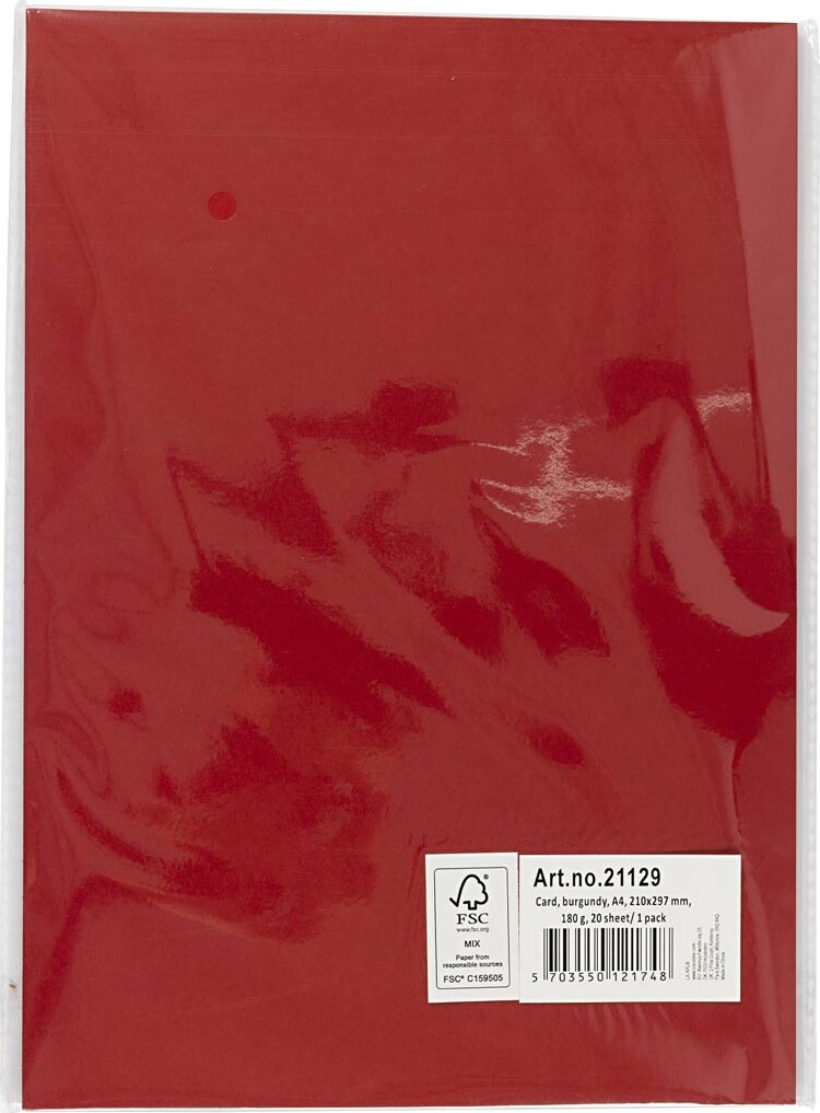 Karton - A4 - 210X297 Mm - 180 G - Mørk Rød - 20 Stk