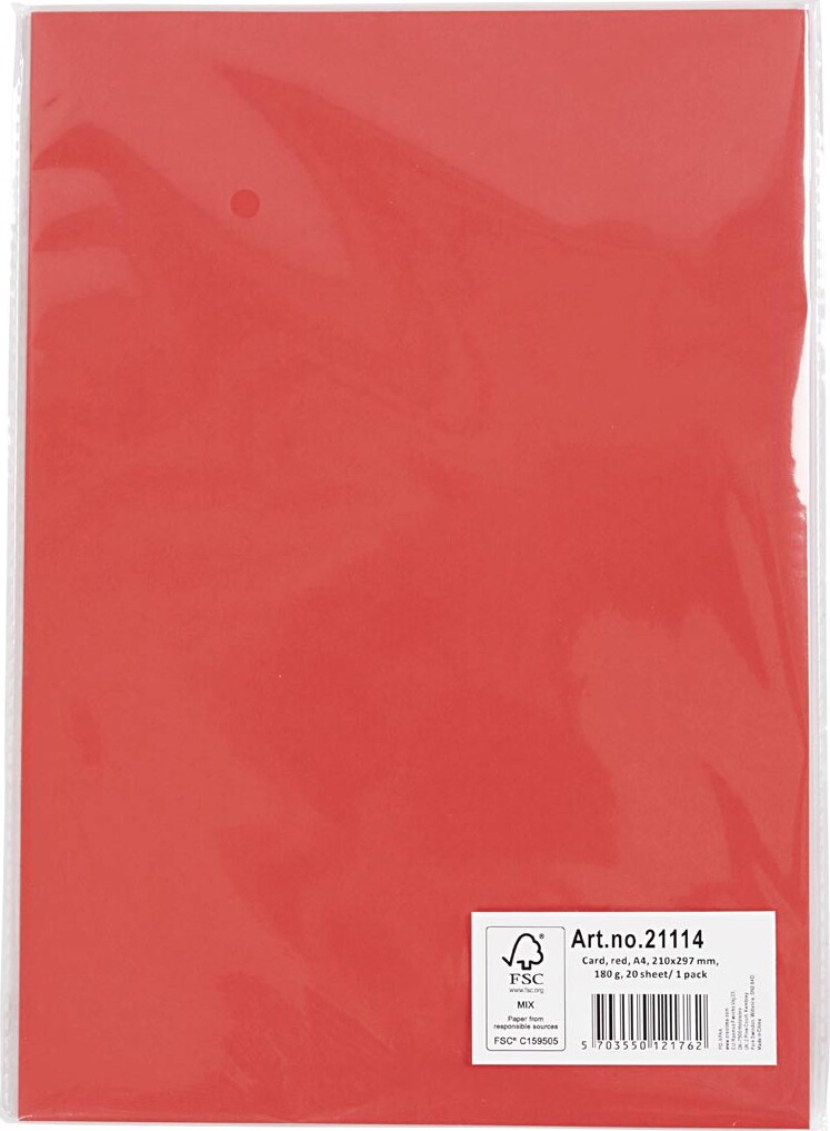 Karton - A4 - 210X297 Mm - 180 G - Rød - 20 Stk