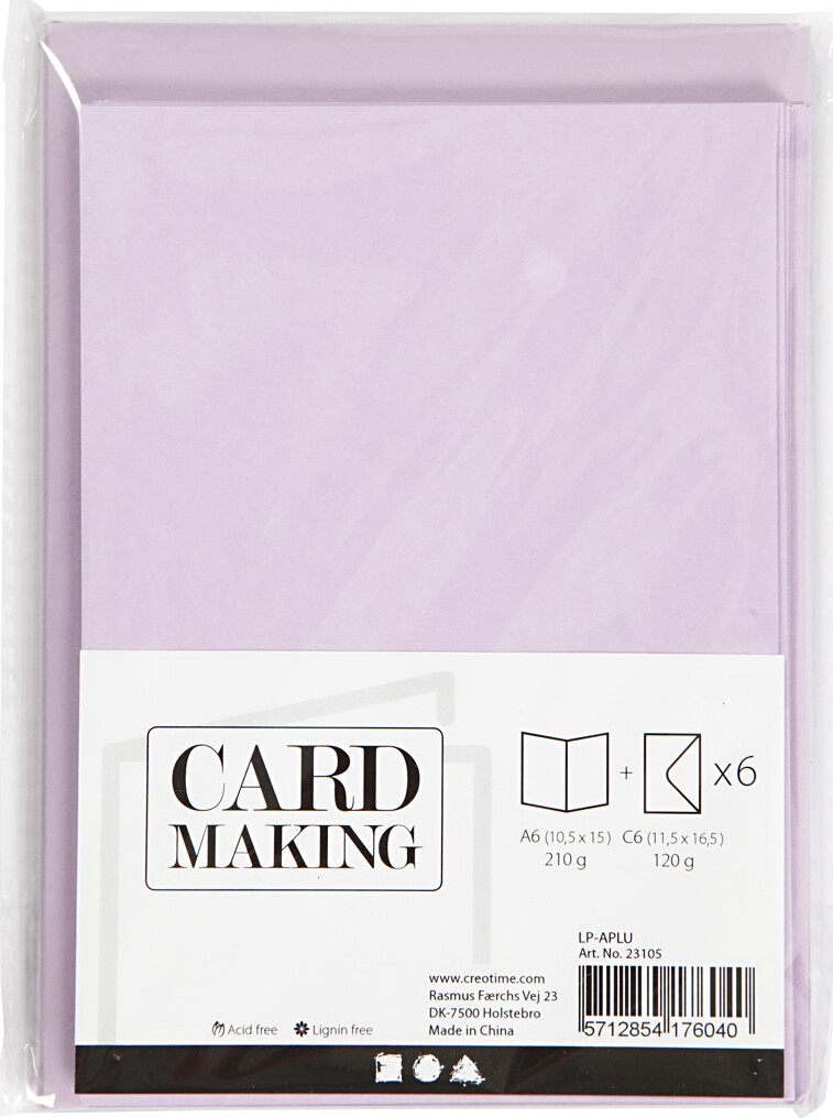 Kort Og Kuverter - 10 5X15 Cm - 11 5X16 5 Cm - Lys Lilla - 6 Sæt