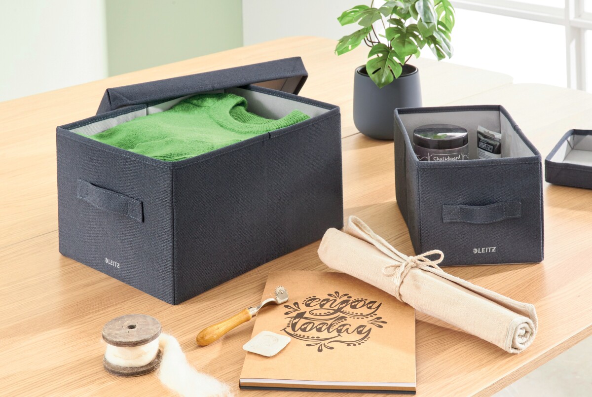 Leitz - Opbevaringskasse Med Låg - Foldbar - Stof - 2 Stk - Grå