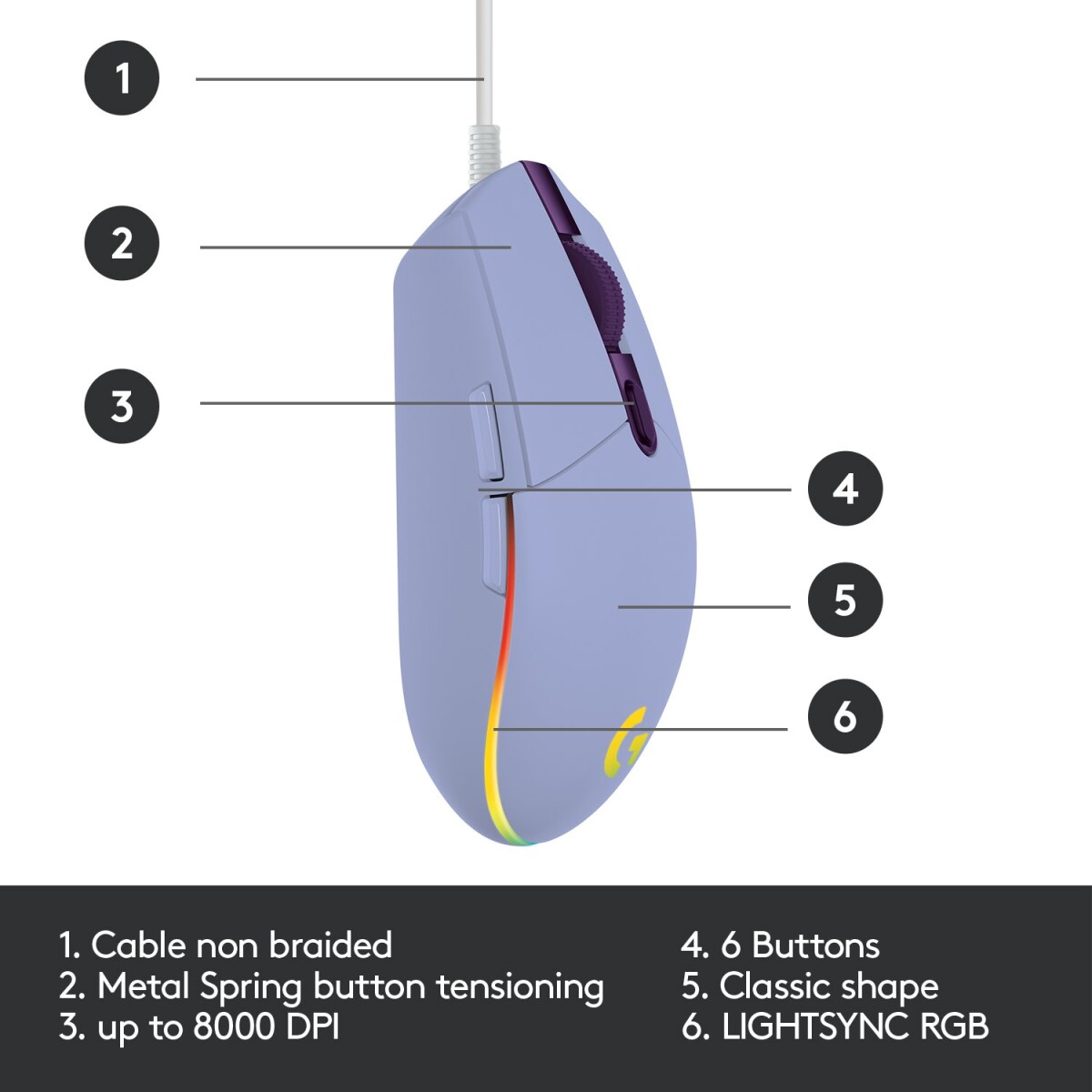 Logitech G203 - Lightsync Gaming Mus - Lilla
