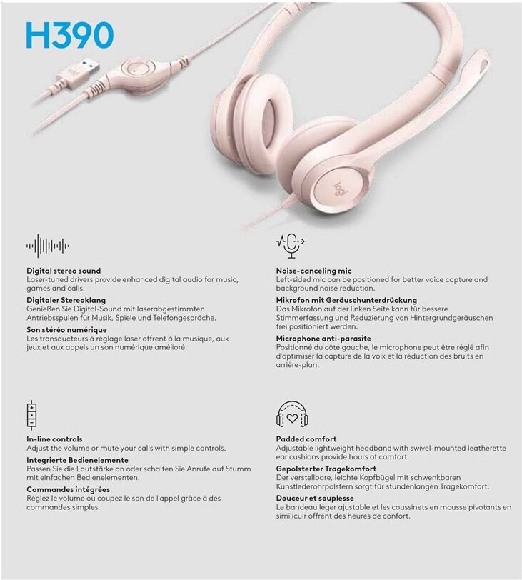Usb H390 Rosa Se - - Headset og Mikrofon på Logitech Med - Wired tilbud | køb