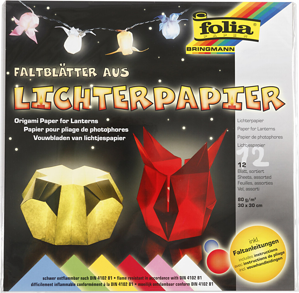 Origami Papir - Str 30X30 Cm - 80 G - Standardfarver - 12 Ark