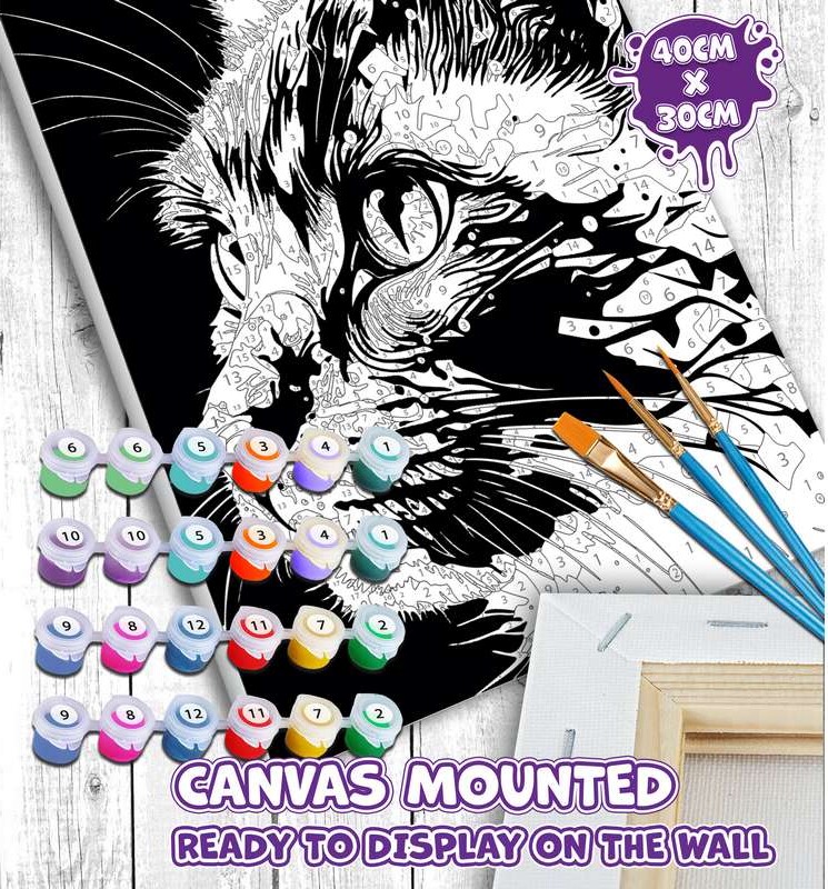 Mal Efter Tal På Lærred - 30X40 Cm - Kat - Ny - Splat