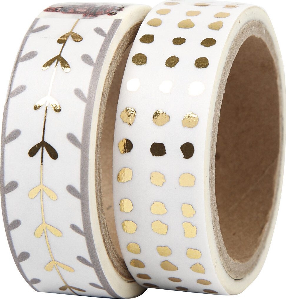 Masking Tape - Hjerter Og Prikker - Folie - B 15 Mm - Guld - Hvid - 2X4 M