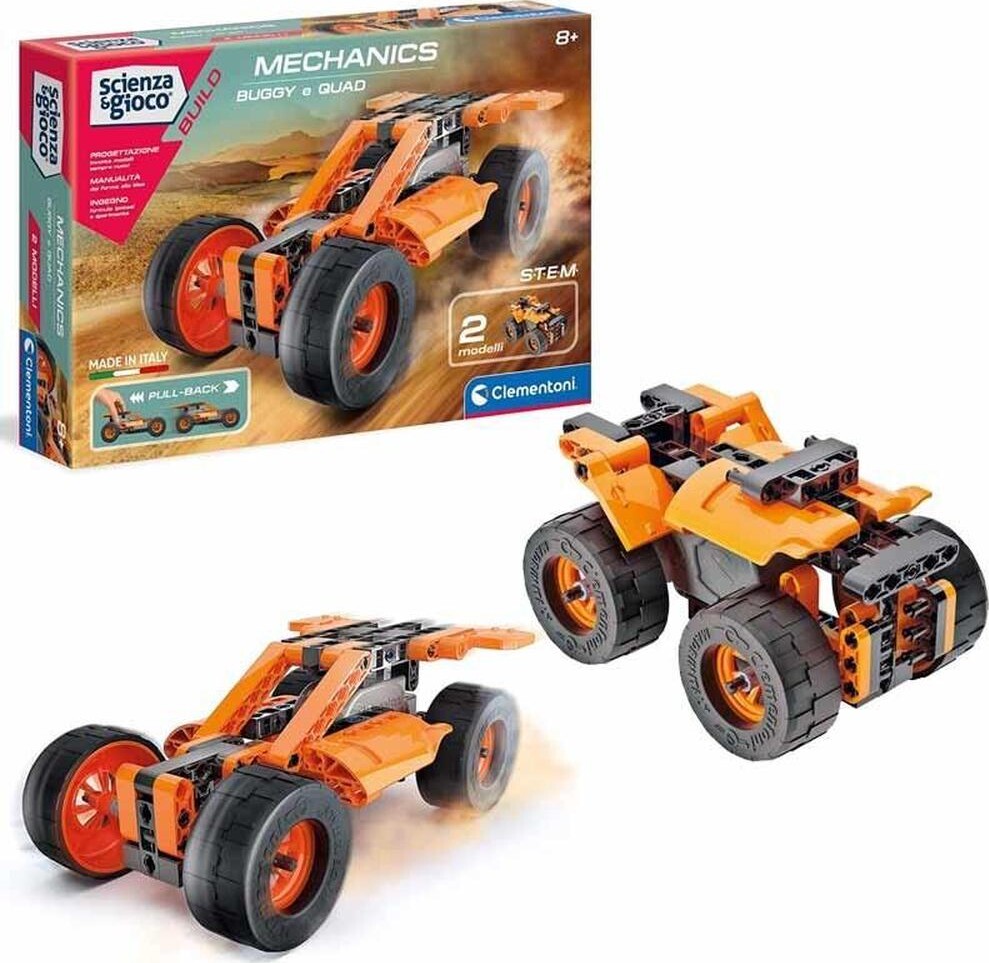 Clementoni Scienza E Gioco Build - Buggy E Quad Pull-Back, Set Di Costruzioni Meccaniche Con Oltre 130 Pezzi, Gioco STEM Per Bambini 8+, Made In Italy, Con App 3D