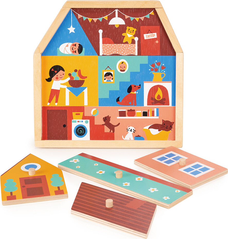 Mentari - House Puzzle - Knoppuslespil - 4 Brikker - Hus - Træ