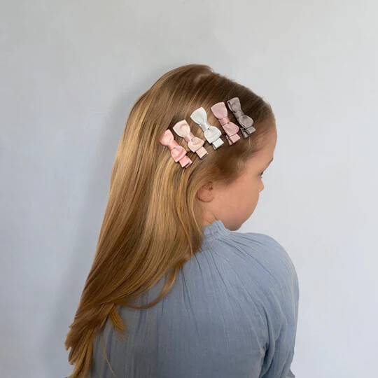 5 Hårclips Til Børn - Sløjfer I Pink Og Grå Nuancer - Mimi Lula