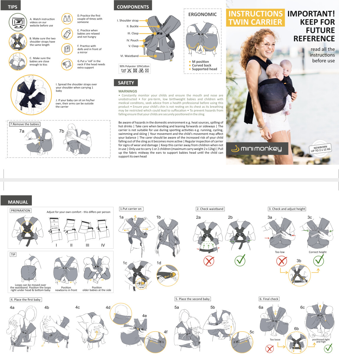 Minimonkey - Baby Tvillinge Bæresele Sort