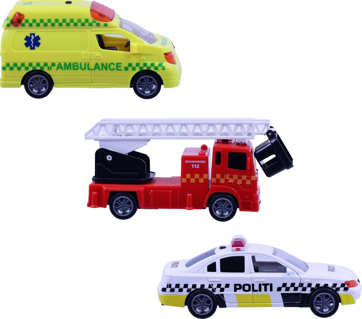 Legetøjs Redningskøretøjer Med Lys Og Lyd - Pull Back - 3 Stk