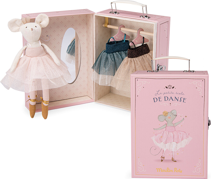 Moulin Roty - Ballerina Mus Bamse Med Tøj I Kuffert - Suzie - 26 Cm