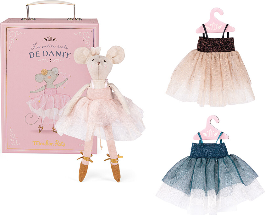 Moulin Roty - Ballerina Mus Bamse Med Tøj I Kuffert - Suzie - 26 Cm