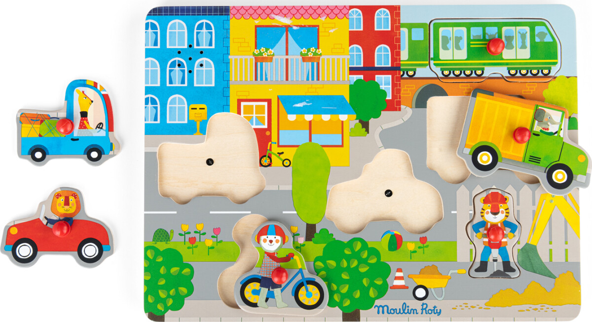 Moulin Roty - Les Popipop Knoppuslespil Med Lyd - 6 Brikker - Byen