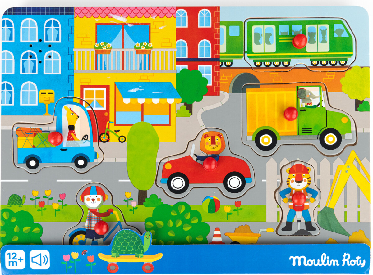 Moulin Roty - Les Popipop Knoppuslespil Med Lyd - 6 Brikker - Byen