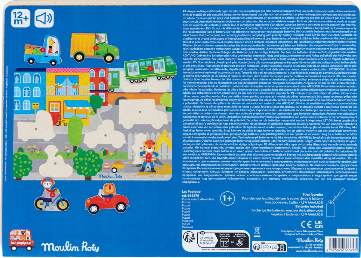 Moulin Roty - Les Popipop Knoppuslespil Med Lyd - 6 Brikker - Byen