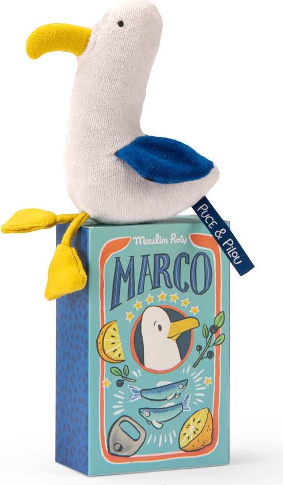 Moulin Roty - Tøjdyr Med Rangle - Mågen Marco 18 Cm - Puce Og Pilou