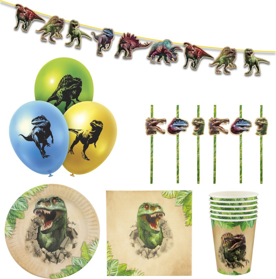 Dinosaur Party Box - Dinosaur Pynt - 6 Personer - 43 Dele