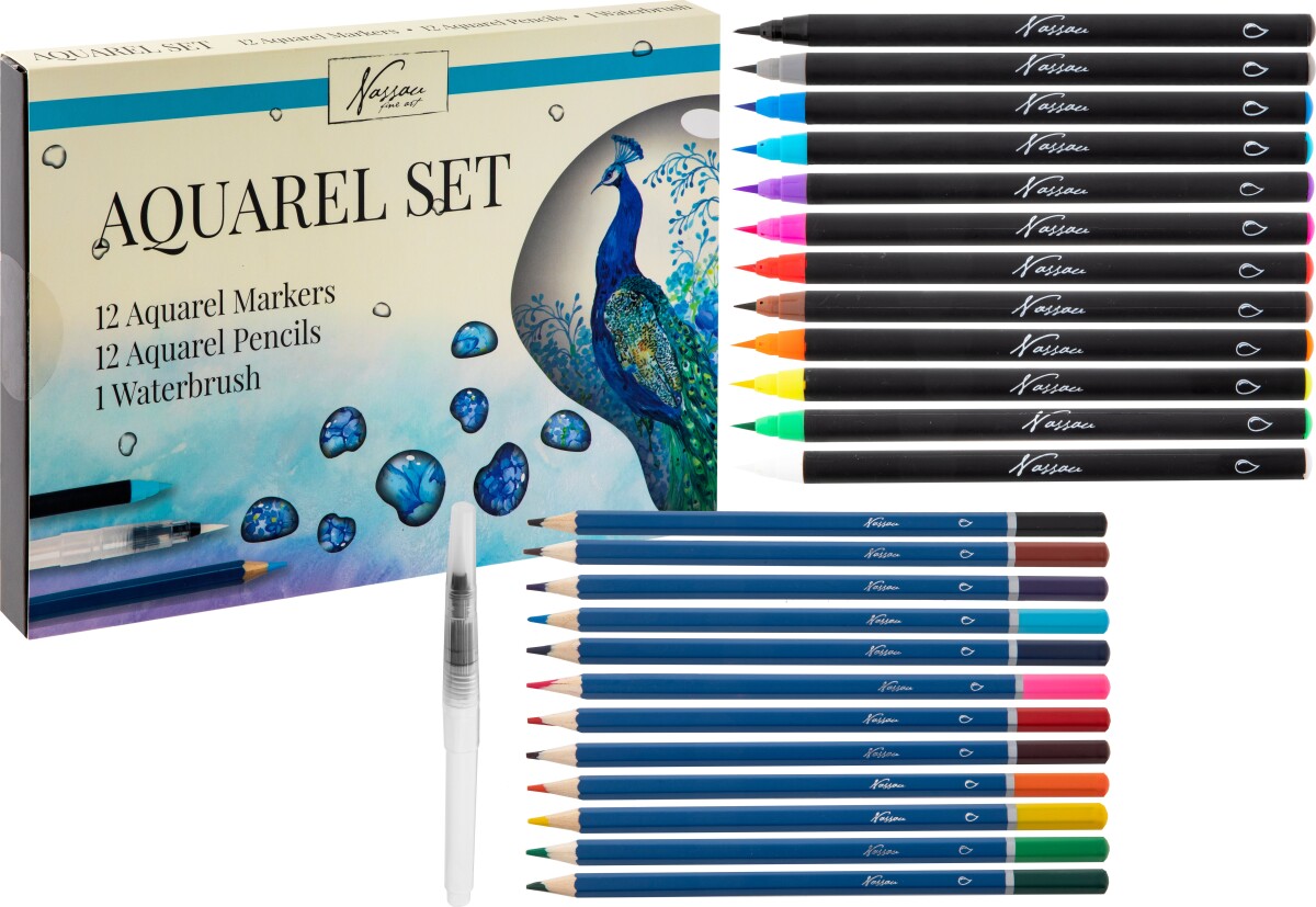Nassau Fine Art - Akvarel Tusser Og Farveblyanter Sæt - 25 Dele