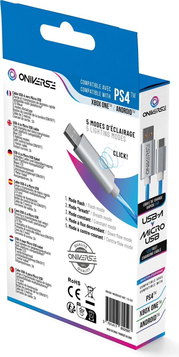 Oniverse Micro Usb Charge Cable With Led 2 Meters - White