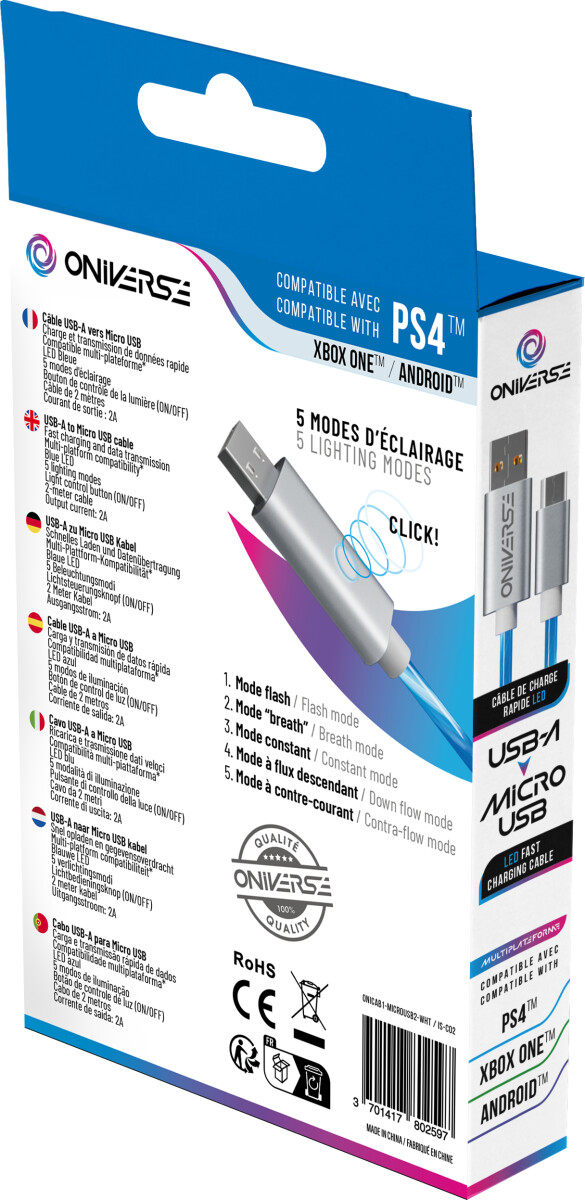 Oniverse Micro Usb Charge Cable With Led 2 Meters - White