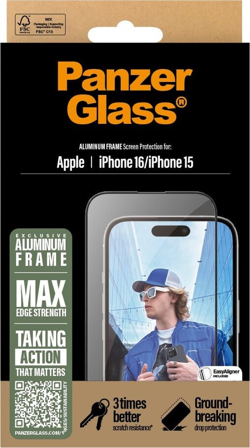 Panzerglass - Iphone 16 - Skærmbeskyttelse - Alu Frame - Ultra Wide