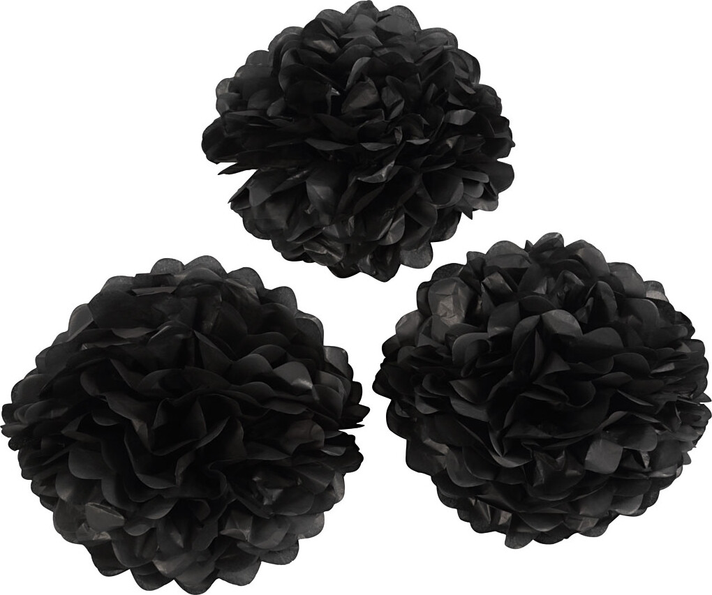 Papir Pomponer - Ø 20 24 30 Cm - 16 G - Sort - 3 Stk