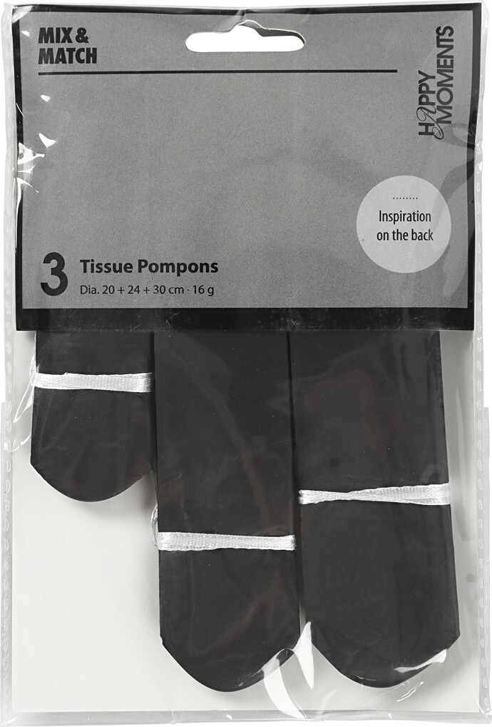 Papir Pomponer - Ø 20 24 30 Cm - 16 G - Sort - 3 Stk