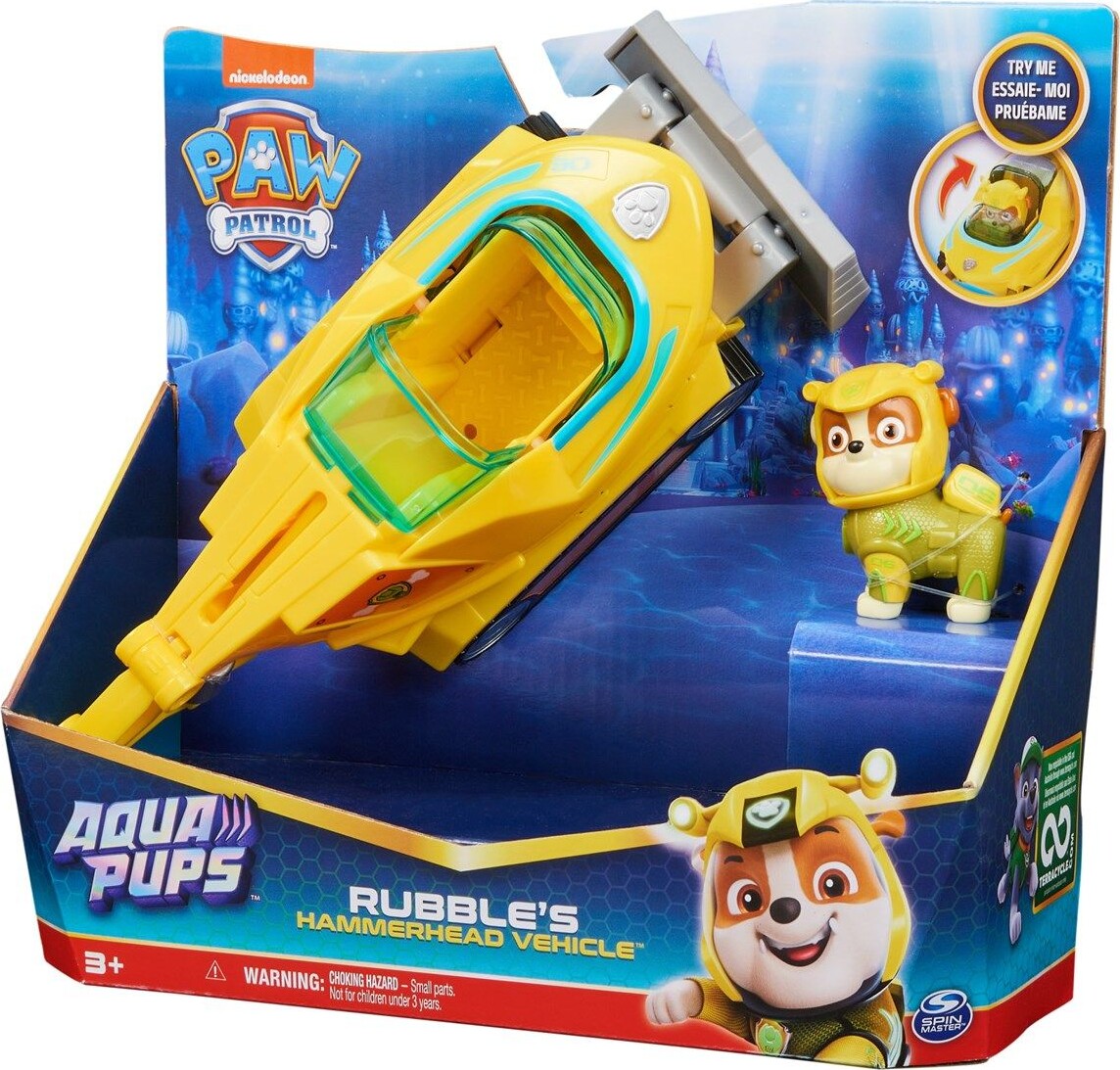 Paw Patrol Figur - Rubble Med Haj Køretøj - Aqua Pups