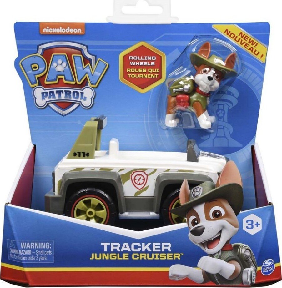 Paw Patrol - Tracker Figur Og Basic Køretøj - Jungle Cruiser