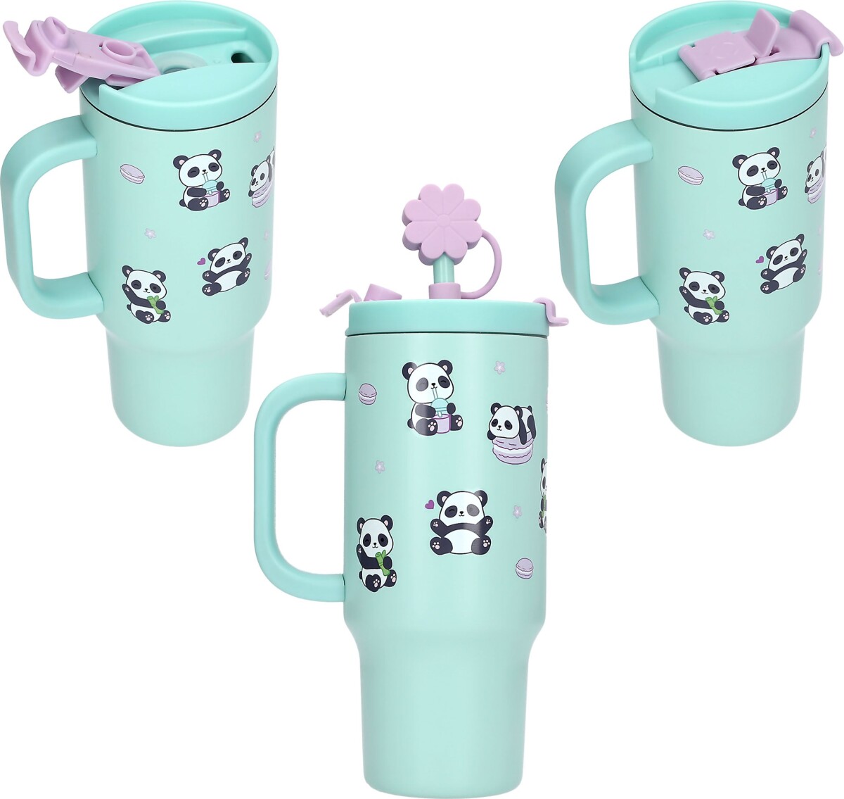 Penfection - To Go Krus Med Sugerør - Panda - Turquoise - 470 Ml