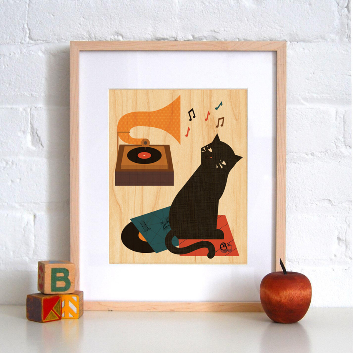 Petit Collage - Stort Print På Træ - Musik Kat