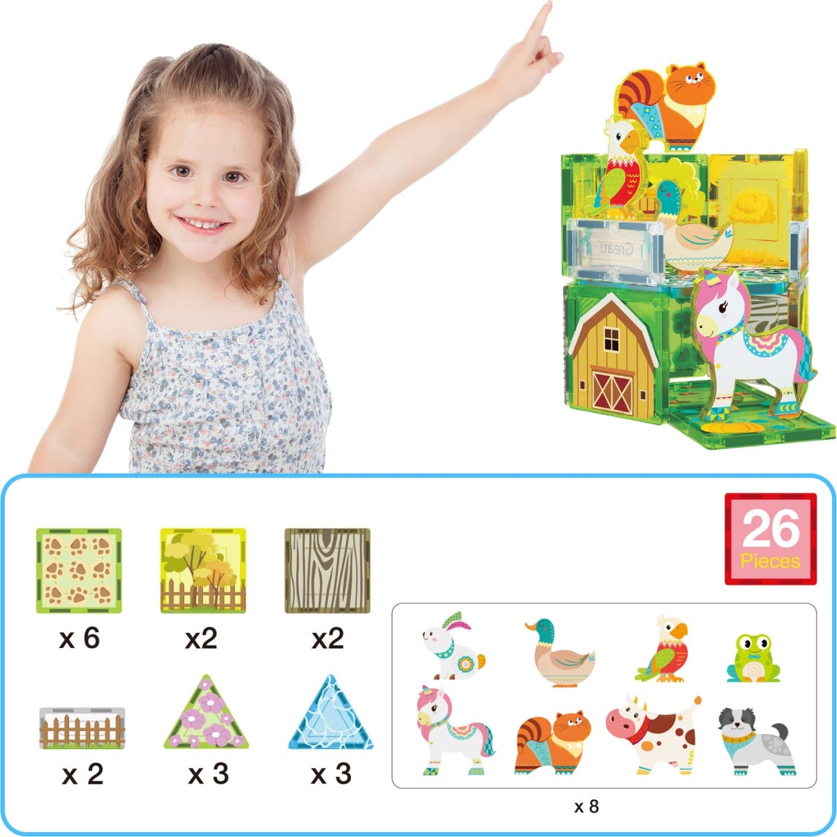 Picasso Tiles - Bondegård Sæt Med 8 Dyr 26 Stk