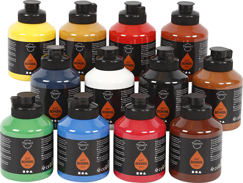 Akrylmaling Sæt - Vandbaseret - Halvblank - Standardfarver - 12X500 Ml