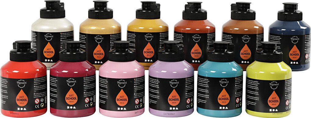 Akrylmaling Sæt - Vandbaseret - Halvblank - Suppleringsfarver - 12X500 Ml