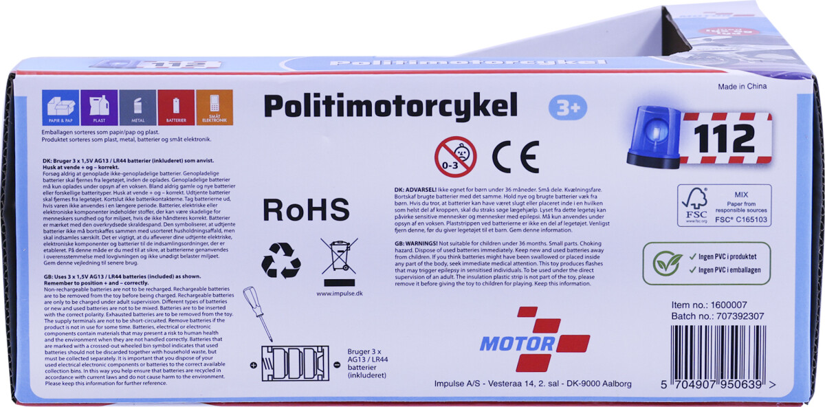 Politi Motorcykel Legetøj Med Lys Og Lyd - 18 Cm