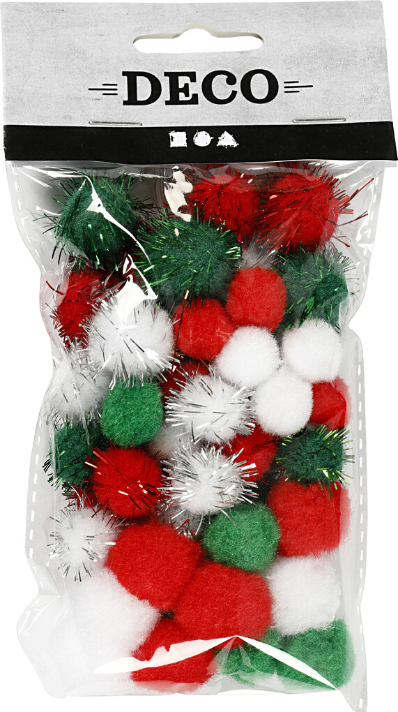 Pomponer - Ø 15 20 Mm - Grøn - Rød - Hvid - 48 Assorterede