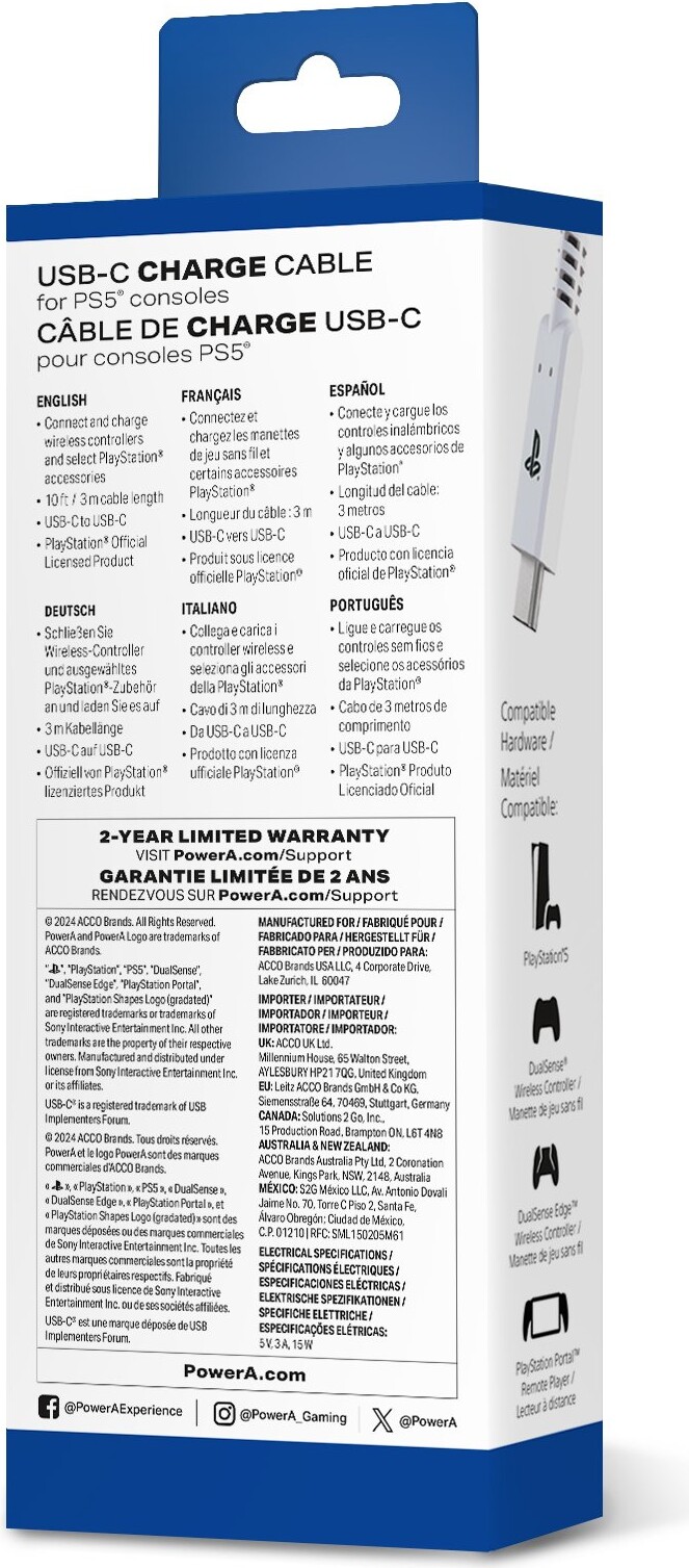 Powera Usb-C To Usb-C Charging Cable Playstation 5 - 3 Meter