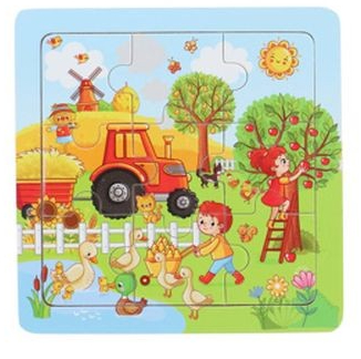 Puslespil I Træ - 9 Brikker - 15 X 15 Cm - Assorteret