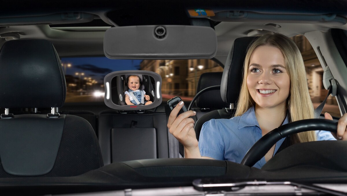 Reer - Babyview Bilspejl Med Lys - Grey - 29 X 8 X 24 Cm